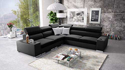 Ecksofa mit Schlaffunktion Seo III - Schlafsofa mit Bettkasten - Sofa L-Form 282x282 cm - Eckcouch - Gewebe mit Kunstleder - verstellbare Kopfstützen - Linke Seite - Schwarz/Schwarz - Modern 26 von All4All
