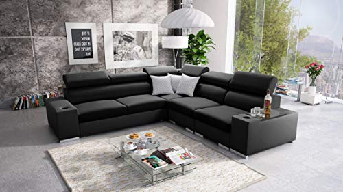 Ecksofa mit Schlaffunktion Seo III - Schlafsofa mit Bettkasten - Sofa L-Form 282x282 cm - Eckcouch - Gewebe mit Kunstleder - verstellbare Kopfstützen - Rechte Seite - Schwarz/Schwarz - Modern 26 von All4All