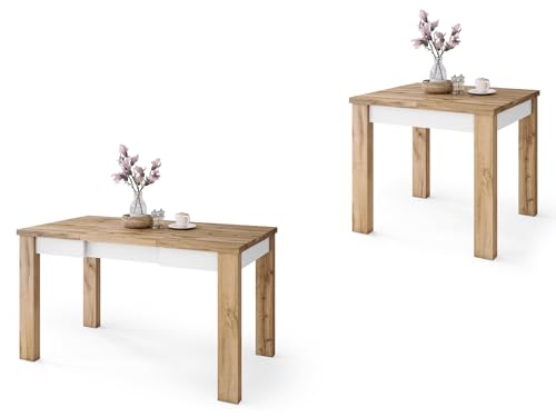 All4All Couchtisch Faro - Wohnzimmertisch - Kaffeetisch – Tisch in Holzoptik - mit Ablage – Esszimmertisch mit Einlegeplatte – Wotan + Weiß - ausziehbar bis 130cm - 80x75cm - 05 von All4All