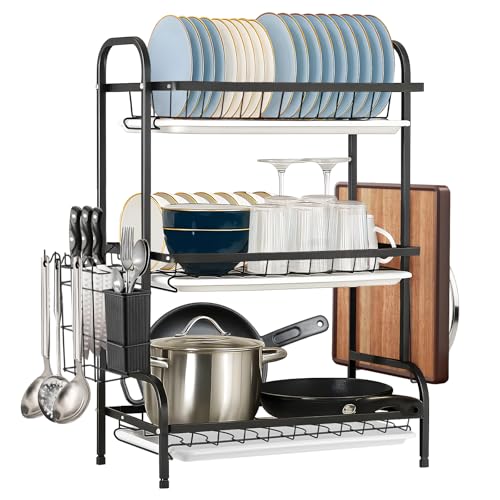 AllRight Abtropfgestell Geschirr, Geschirrabtropfgestell Schwarz 3-stufig, Geschirrtrockner mit Utensilienhalter, Messerhalter, Schneidebretthalter & Abtropfschale – Kitchen Organizer von AllRight