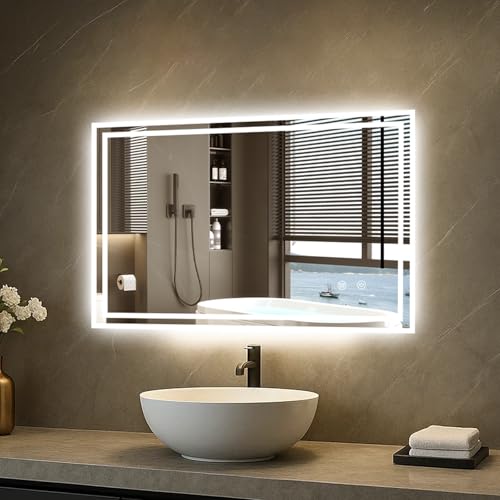 AllRight Badspiegel mit Beleuchtung, Wandspiegel mit LED-Beleuchtung, Entfoggen-Funktion, Bluetooth, 3 Farbtemperaturen (Beschlagfrei+ 3 Lichtfarbe+ Dimmbar(90 * 70cm)) von AllRight