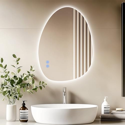 AllRight Spiegel Mit Beleuchtung Asymmetrischer LED Badspiegel mit Touch-Schalter Lichtfarben Dimmbar Beschlagfrei LED Spiegel (Weiß 85 x 50cm) von AllRight