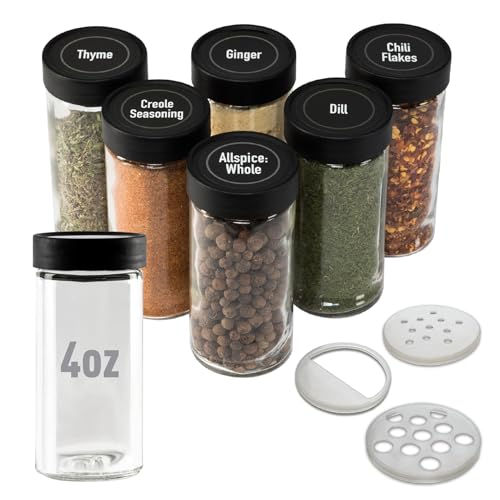 Piment 4 Unze Glas-Gewürzdosen (gleiche Größe wie penzeys und Spice House) mit Schwarz Kunststoff Deckel und 3 Frisuren Shaker Tops farblos von AllSpice