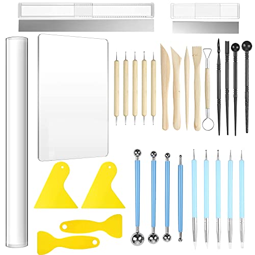 Allazone 31 Stück Polymer Clay Tools Set Modellierwerkzeug Set, Acryl Ton Roller mit Acrylplatten Trägerplatte Kunststoff, Sculpting Tools, Dabbing Tool, Punktmalerei Werkzeug für Handwerk Machen von Allazone