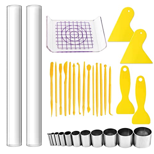 Allazone 33 Stück Polymer Clay Tools Set Modellierwerkzeug Set, Acryl Ton Roller mit Acrylplatten Trägerplatte Kunststoff Gravurstift Schaber für DIY Ton Handwerk Machen von Allazone