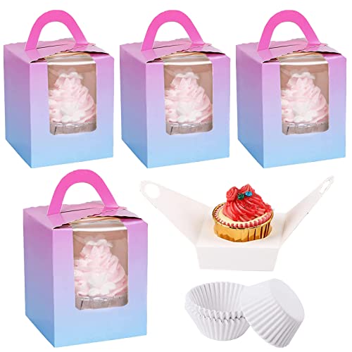 Allbusky 30 Stück Kuchenschachteln, einzelne Cupcake-Boxen, Papierbäckerei-Boxen mit Griffen, einzelne Cupcake-Träger mit Fenster, Papier-Leckerli-Boxen mit Cupcake-Einlagen für Weihnachten, von Allbusky