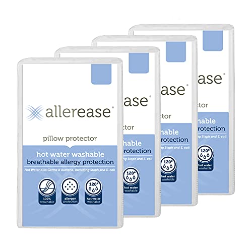 Aller-Ease Kissenschutz mit heißem Wasser, waschbar, hypoallergen, mit Reißverschluss, Allergiker, verhindert das Ansammeln von Hausstaubmilben und Anderen Allergenen, King Size, 4 Stück, weiß von Aller-Ease