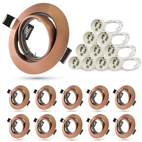 Allesgute 10er Einbaustrahler Led GU10 Einbaurahmen Rotkupfer Gebürstet, Einbauleuchten Rund Ø68-75mm Led Spots 230V Schwenkbar Inkl. GU10 Fassung für LED oder Halogen Leuchtmittel von Allesgute