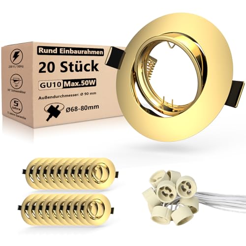 Allesgute 20er Einbaustrahler GU10 Set Gold Led Einbauleuchten 68mm Einbauspots Rahmen Rund Schwenkbar 30° Deckenleuchte Rahmen inkl. GU10 Fassung für LED oder Halogen von Allesgute