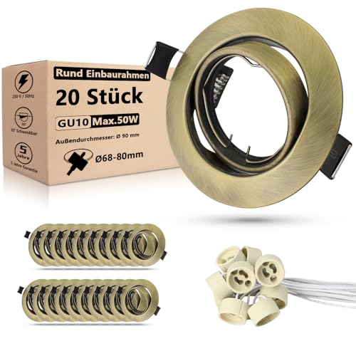 Allesgute 20er Einbaustrahler LED GU10 Set Bronze Gebürstet Einbauleuchten 68mm Einbauspots Rahmen Rund Schwenkbar 360° Deckenspots inkl. GU10 Fassung für LED oder Halogen von Allesgute