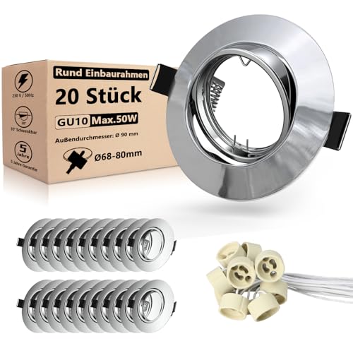 Allesgute 20er Einbaustrahler Rahmen GU10 68mm Led Einbauleuchten Poliertes Chrom Rund Einbaurahmen 360°Schwenkbar Einbauspots inkl. GU10 Fassung für LED oder Halogen von Allesgute