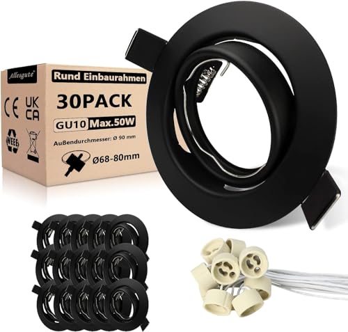 Allesgute 30er LED Einbaustrahler GU10 Set Schwenkbar 230V Einbauleuchten Einbaurahmen Rund Matt Schwarz LED Spot 68mm Lochdurchmesser inkl. GU10 Fassung für Lampe oder Halogen von Allesgute