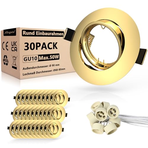 Allesgute 30er Led Einbaustrahler 230V GU10 Set Einbaurahmen Rund 68mm Spots 30° Schwenkbar Einbauleuchten Gold Deckenspots Rahmen inkl. GU10 Fassung für LED oder Halogen von Allesgute