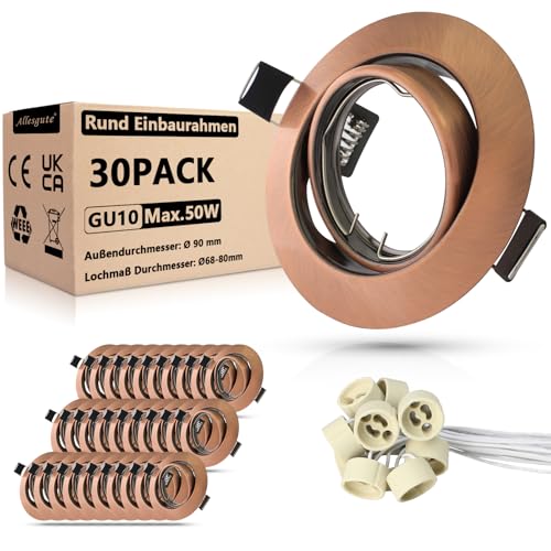 Allesgute 30er Led Einbaustrahler 230V GU10 Set Einbaurahmen Rund 68mm Spots 30° Schwenkbar Einbauleuchten Kupfer Deckenspots Rahmen inkl. GU10 Fassung für LED oder Halogen von Allesgute