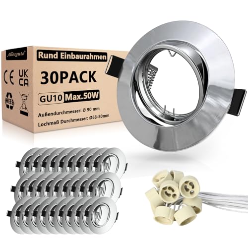 Allesgute 30er Led Einbaustrahler 230V GU10 Set Einbaurahmen Rund 68mm Spots 360° Schwenkbar Einbauleuchten Poliertes Chrom Deckenspots Rahmen inkl. GU10 Fassung für LED oder Halogen Allesgute 30er Led Einbaustrahler 230V GU10 Set Einbaurahmen Rund 68mm Spots 360° Schwenkbar Einbauleuchten Poliertes Chrom Deckenspots Rahmen inkl. GU10 Fassung für LED oder Halogen von Allesgute