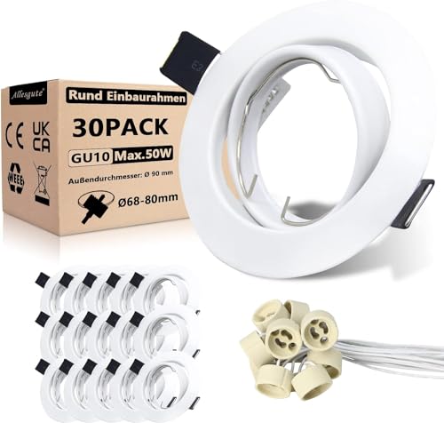 Allesgute 30er Set LED Einbaustrahler GU10 Einbaurahmen Roud Matt Weiß Schwenkbar Einbauleuchten 230V led spots 68mm Lochdurchmesser inkl. GU10 Fassung für Lampe oder Halogen von Allesgute