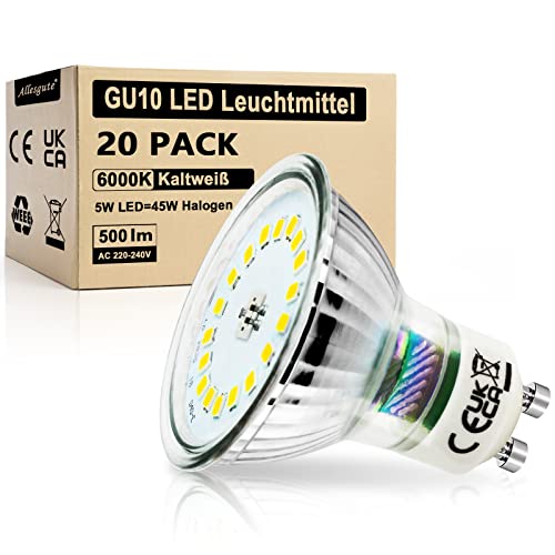 Allesgute GU10 LED Lampe 5W Glühbirnen Glas Kaltweiß 500lm LED Birnen Ersetzt für 45W Halogen LED Leuchtmittel, Nicht Dimmbar 20er pack von Allesgute