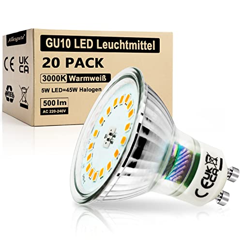 Allesgute GU10 LED Warmweiss 5W Glühbirnen Glas LED Lampe Base Classic 500lm LED Birnen Ersetzt für 45W Halogen Leuchtmittel 230V, Nicht Dimmbar 20er pack von Allesgute