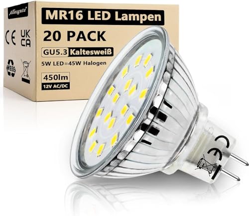 Allesgute GU5.3 MR16 LED Lampe Kaltweiß 5W ersatzt für 45W 50W Halogen Leuchtmittel 450lm LED Strahler 12V AC/DC Spot Mit GU 5.3 Sockel LED Glühbirne, 20er Set von Allesgute