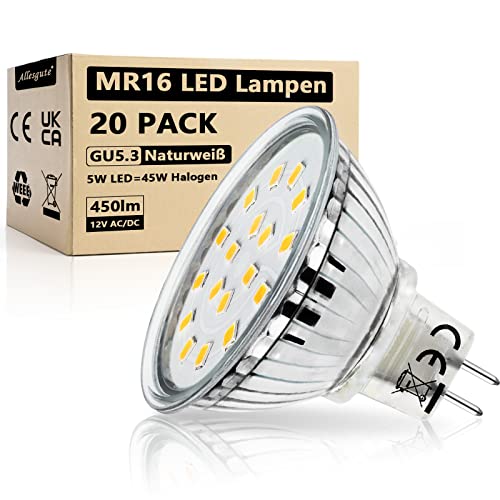 Allesgute GU5.3 MR16 LED Lampe Neutralweiß 5W ersatzt für 45W 50W Halogen Leuchtmittel 450lm LED Strahler 12V AC/DC Spot Mit GU 5.3 Sockel LED Glühbirne, 20er Set von Allesgute