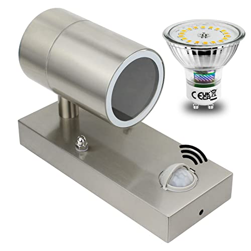 Allesgute LED Aussenleuchte mit Bewegungsmelder Modern Wandleuchte IP44 Wasserdicht Porch Außenlampe Edelstahl Gebürstet mit 1×5W GU10 6000k Kaltweiß Leuchtmittel von Allesgute