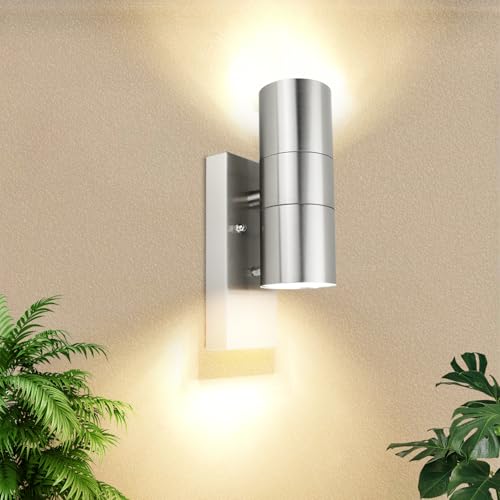 Allesgute LED Aussenleuchte mit Dämmerungsschalter Edelstahl, Modern Dämmerungssensor Wandleuchte Außen IP44 Up Down Außenlampe für Garten Hof Haustür, Inkl. 5W 500LM GU10 Warmweiß von Allesgute