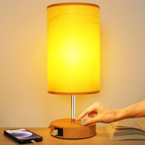 Allesgute LED Nachttischlampe mit Ladefunktion, Dimmbar Tischleuchte mit USB A+Typ-C-Anschlüssen, Holzmaserung E27 Tischlampe Rund für Schlafzimmer, Wohnzimmer, Geschenk (inkl. 8W Warmweiß LED-Birne) von Allesgute