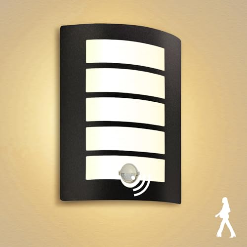 Aussenlampe mit Bewegungsmelder E27 Wandlampe IP44 Eckig Außenlampe Schwarz Matt Edelstahl ABS Wandleuchte Aussen für Hauswand Balkon inkl.1x 12W 1200lm LED Warmweiß Glühbirne von Allesgute