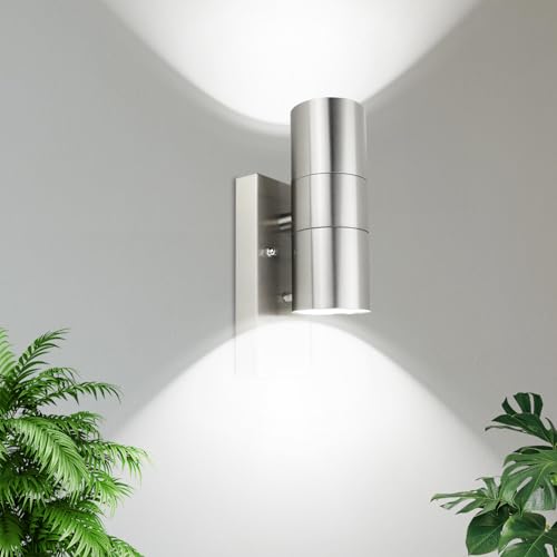 LED Wandleuchte mit Dämmerungsschalter Aussen Modern IP44 Außenleuchte Dämmerungssensor Gebürstetes Edelstahl Up Down Aussenlampe für Garten Hof Haustür, Inkl. 5W GU10 Leuchtmittel Kaltweiß von Allesgute