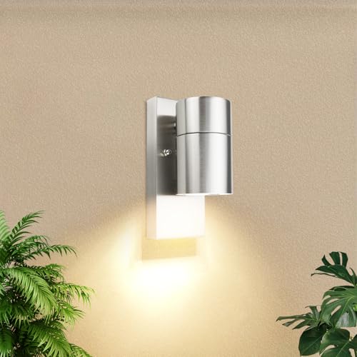 Allesgute Aussenleuchte mit Dämmerungsschalter IP44 Modern Gebürstet Edelstahl LED Wandlampe Dämmerungssensor Down Aussenlampe für Garten Bad Hof Balkon inkl.5W 500LM GU10 Warmweiss von Allesgute