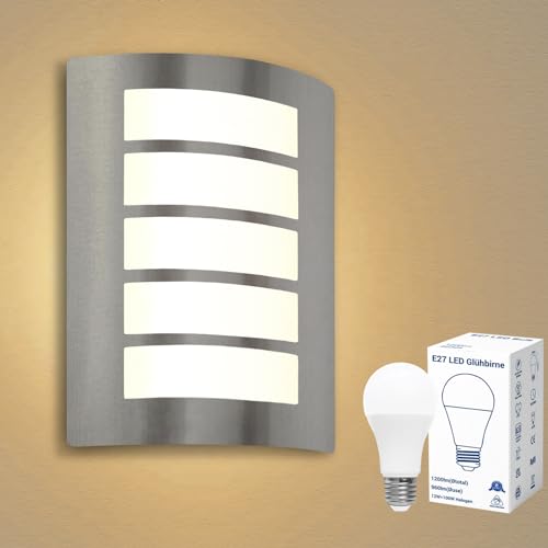 Wandlampe E27 Außenlampe IP44 Eckig Wandleuchte Gebürstet Edelstahl ABS für Hauswand Balkon Badezimmer Treppenbeleuchtung inkl.1x 12W 1200lm LED Warmweiß Glühbirne von Allesgute