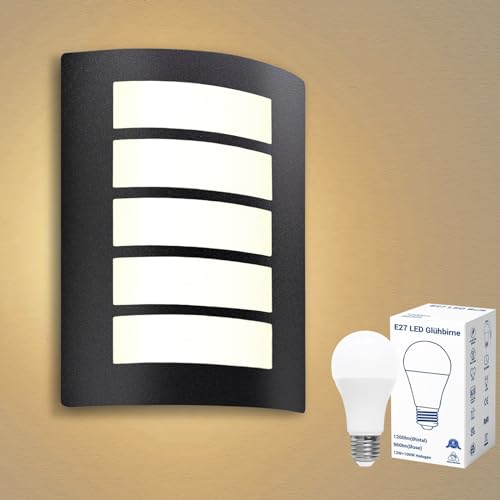 Wandlampe E27 Aussenlampe IP44 Wandleuchte Schwarz Matt Eckig Edelstah ABS Außenlampe für Hauswand Balkon Badezimmer inkl.1x 12W 1200lm LED Warmweiß Glühbirne von Allesgute