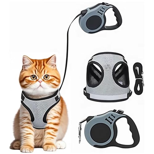 Katzengeschirr mit Leine Ausbruchsicher Katzen Geschirr Set mit 5m Teleskop Leine Verstellbare Weste für Katzen und kleine Hunde, Komfortabel Atmungsaktiv (M) von Alleshelfer