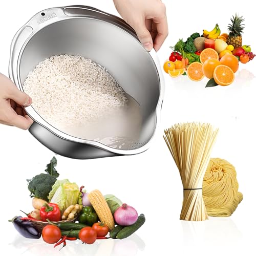Reis Waschschüssel aus Edelstahl, Küchensieb Reis Waschschüssel, Reissieb, Reis Sieb mit Ausgießer, Nudelsieb zum Abtropfen & Waschen von Reis Obst Gemüse Quinoa und Nudel von Alleshelfer
