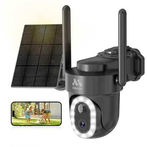 Allesin 3K Überwachungskamera Aussen Solar, 355°/90° Schwenkbare, Kamera überwachung aussen 360° Ansicht 5MP Kamera mit 2-Wege-Audio,Automatische Nachverfolgung,Nachtsicht in Farbe,Sirenenalarm,Grau von Allesin