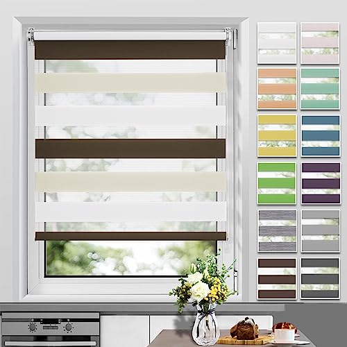 Allesin Doppelrollo Klemmfix ohne Bohren & mit Bohren, (100x140cm Weiß-Beige-Braun), Duo Rollos für Fenster und Tür, Klemmrollo Fensterrollo lichtdurchlässig, Sichtschutz und Sonnenschutz von Allesin