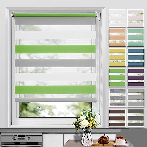 Allesin Doppelrollo Klemmfix ohne Bohren & mit Bohren, (105x120cm Grün-Grau-Weiß), Duo Rollos für Fenster und Tür, Klemmrollo Fensterrollo lichtdurchlässig, Sichtschutz und Sonnenschutz von Allesin