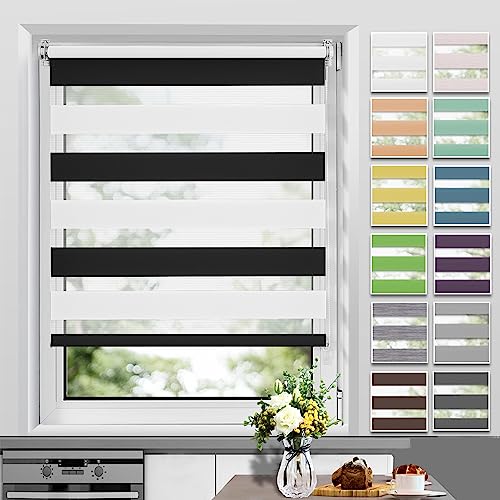 Allesin Doppelrollo Klemmfix ohne Bohren & mit Bohren, (100x130cm Schwarz-Weiss), Duo Rollos für Fenster und Tür, Klemmrollo Fensterrollo lichtdurchlässig, Sichtschutz und Sonnenschutz von Allesin