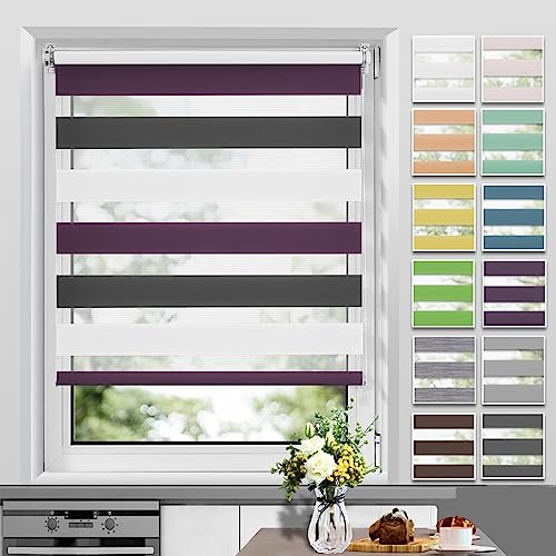 Allesin Doppelrollo Klemmfix ohne Bohren & mit Bohren, (40x140cm Weiss-Lila-Anthrazit), Duo Rollos für Fenster und Tür, Klemmrollo Fensterrollo lichtdurchlässig, Sichtschutz und Sonnenschutz von Allesin