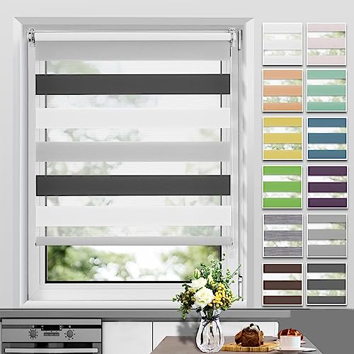 Allesin Doppelrollo Klemmfix ohne Bohren & mit Bohren, (85x150cm Weiss-Grau-Anthrazit), Duo Rollos für Fenster und Tür, Klemmrollo Fensterrollo lichtdurchlässig, Sichtschutz und Sonnenschutz von Allesin