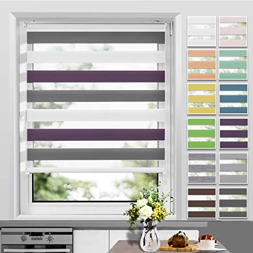 Allesin Doppelrollo Klemmfix ohne Bohren & mit Bohren, (90x130cm Weiss-Lila-Anthrazit), Duo Rollos für Fenster und Tür, Klemmrollo Fensterrollo lichtdurchlässig, Sichtschutz und Sonnenschutz von Allesin