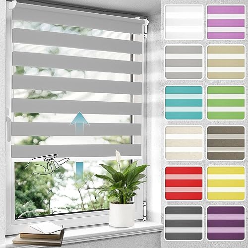 Allesin Doppelrollo schnurlos Klemmfix ohne Bohren Duo Rollos für Fenster, 75x130cm (BxH), Grau, Drücken Und Ziehen Springrollos Klemmrollo Fensterrollo ohne Schnur lichtdurchlässig & Blickdicht von Allesin