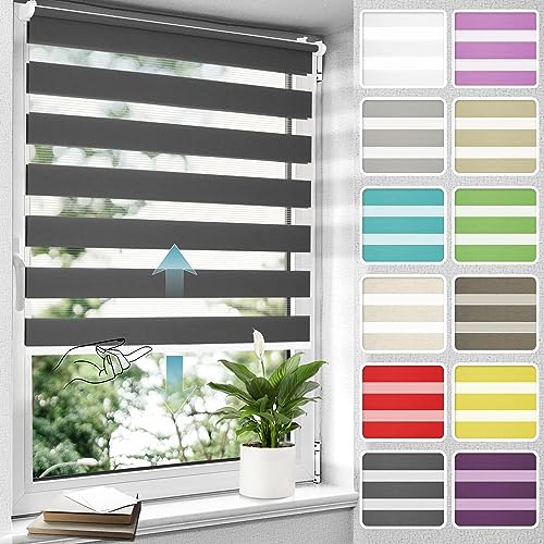 Allesin Doppelrollo schnurlos Klemmfix ohne Bohren Duo Rollos für Fenster & Tür, 100x120cm (BxH) Anthrazit, Drücken Und Ziehen Springrollos Klemmrollo ohne Schnur lichtdurchlässig & Blickdicht von Allesin