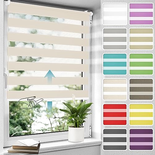 Allesin Doppelrollo schnurlos Klemmfix ohne Bohren Duo Rollos für Fenster & Tür, 100x120cm (BxH) Natur, Drücken Und Ziehen Springrollos Klemmrollo ohne Schnur lichtdurchlässig & Blickdicht von Allesin