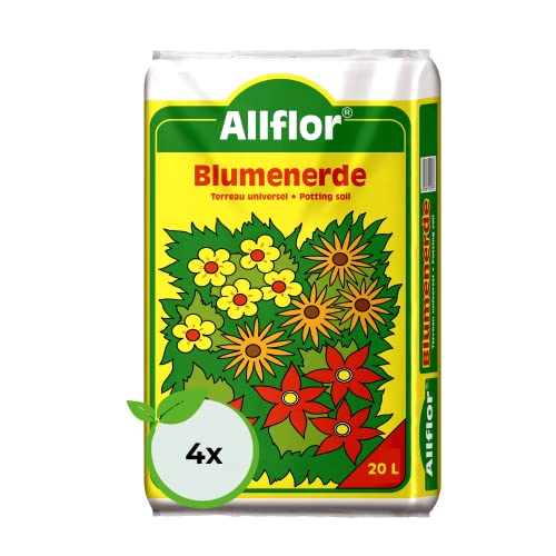 Allflor Blumenerde I 4 x 20 L I gebrauchsfertige Universalerde I hochwertige Erde im 20 Liter Beutel I Für alle Balkon- und Zimmerpflanzen geeignet I Enthält alle wichtigen Pflanzennährstoffe von ALLFLOR