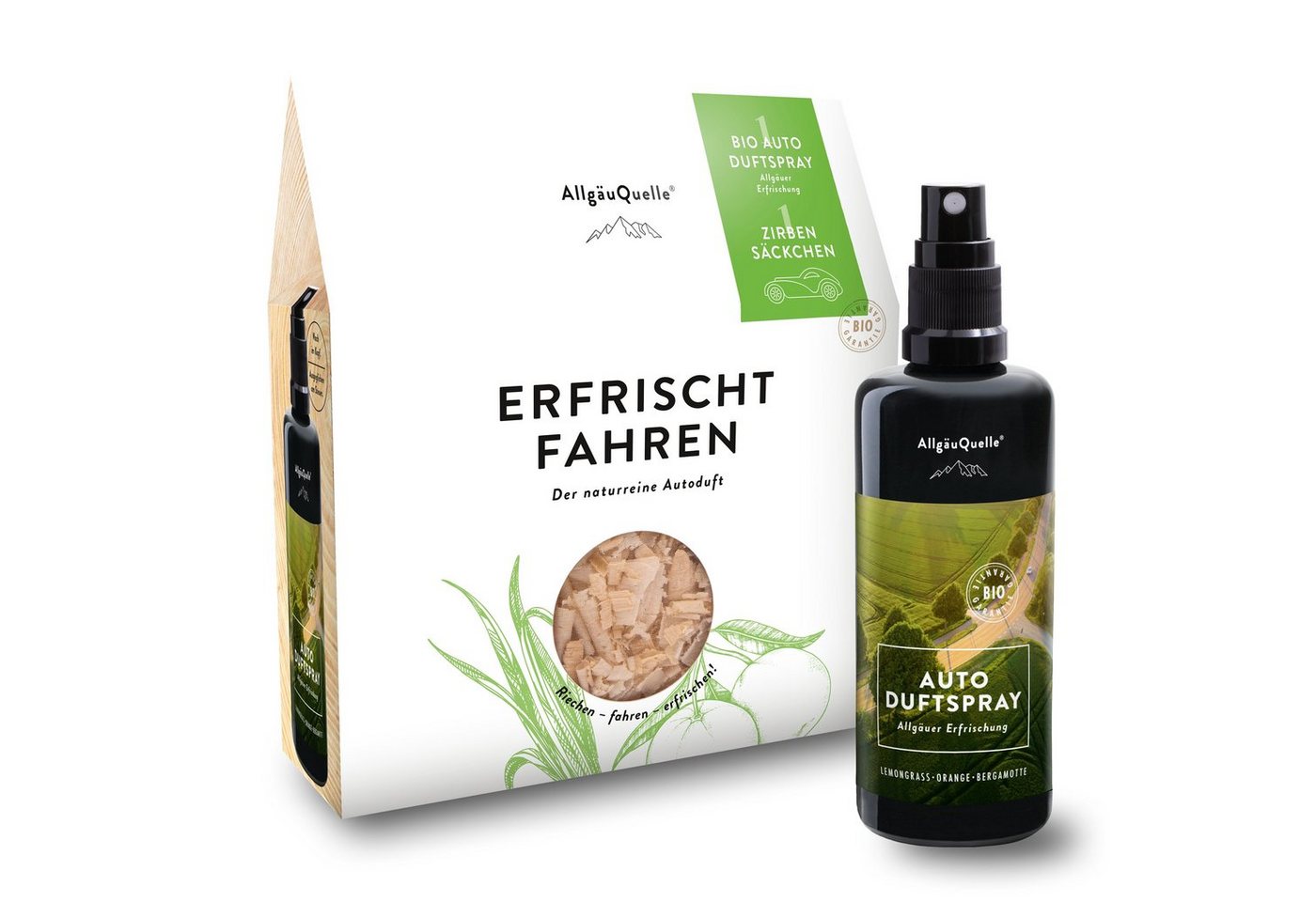 Allgäuquelle Raumduft BIO Auto Duftspray Set Erfrischung (1 x 100ml + Zirben-Säckchen), mit 1 x 100ml Lemongrass, Orange & Bergamotte + Zirben-Säckchen von Allgäuquelle