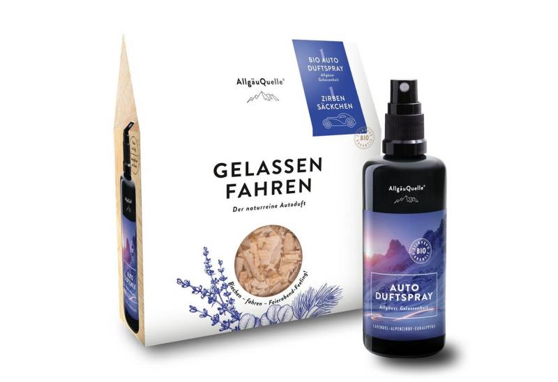 Allgäuquelle Raumduft BIO Auto Duftspray Set Gelassenheit (1 x 100ml + Zirben-Säckchen), mit 1 x 100ml Lavendel, Alpenzirbe und Eukalyptus + Zirben-Säckchen von Allgäuquelle