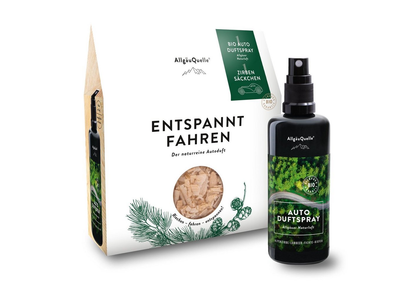 Allgäuquelle Raumduft BIO Auto Duftspray Set Naturluft (1 x 100ml + Zirben-Säckchen), mit 1 x 100ml Alpenzirbe, Lorbeer, Fichte und Kiefer + Zirben-Säckchen von Allgäuquelle