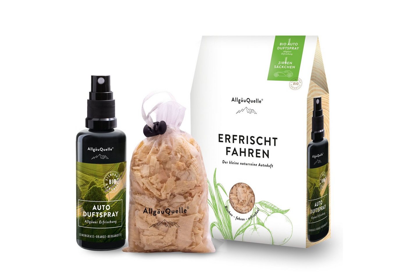 Allgäuquelle Raumduft BIO Mini Auto Duftspray Set Erfrischung mit 1 x 50ml Auto Duftspray (1 x 50ml + Zirben-Säckchen), mit Ölen aus 100% naturreinen ätherischen Ölen & 1 BIO Zirben-Säckchen von Allgäuquelle