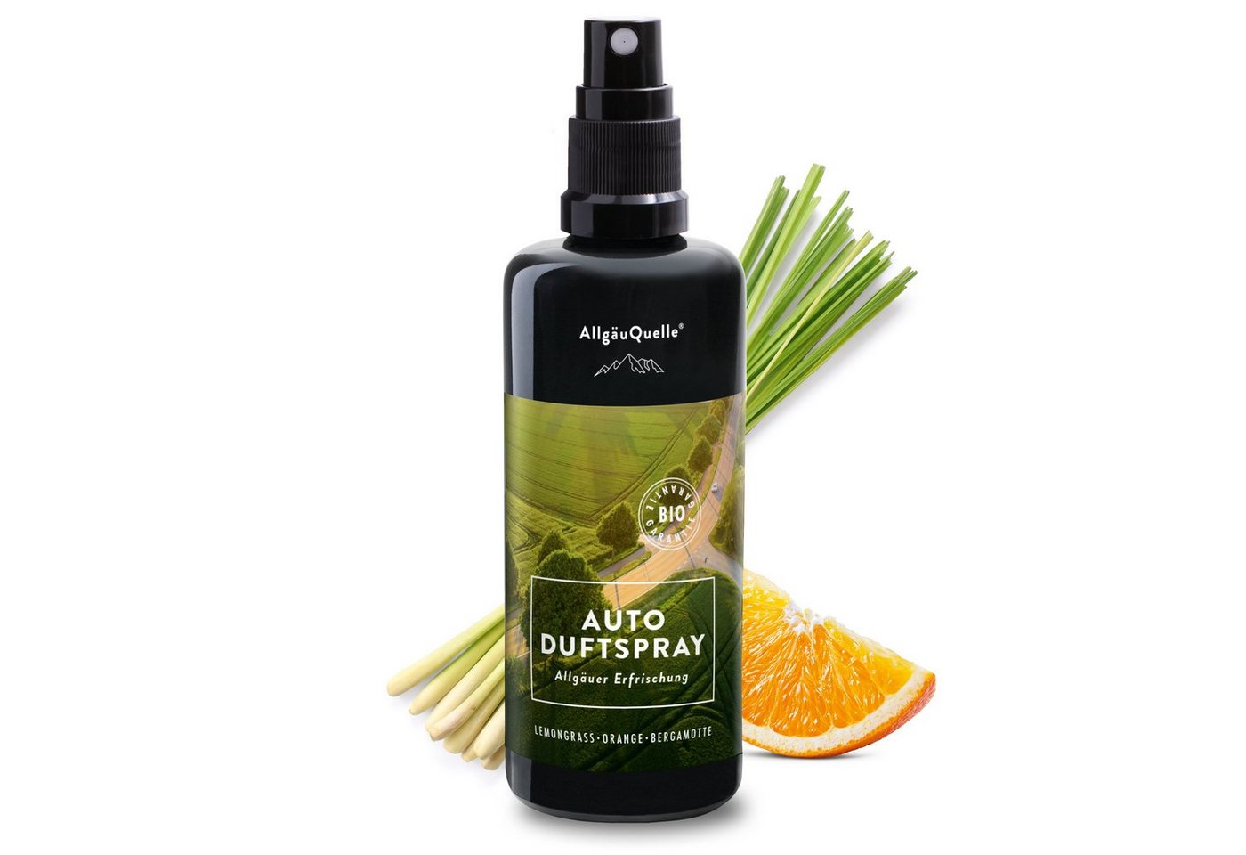 Allgäuquelle Raumduft Bio Auto Duftspray Allgäuer Erfrischung (1 x 100ml), mit Lemongrass, Orange und Bergamotte von Allgäuquelle